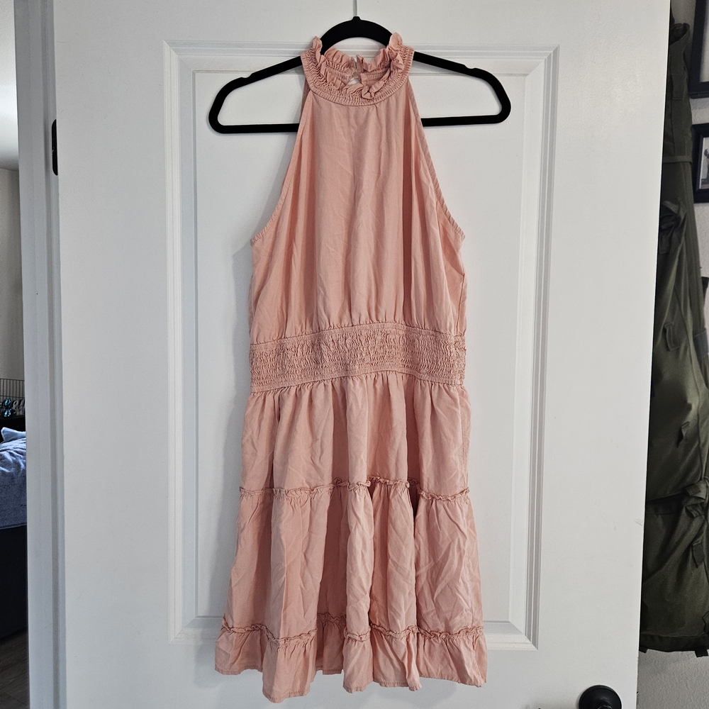 Sleeveless Blush Pink Halter Neck Ruffle Tiered Dress - Size Large